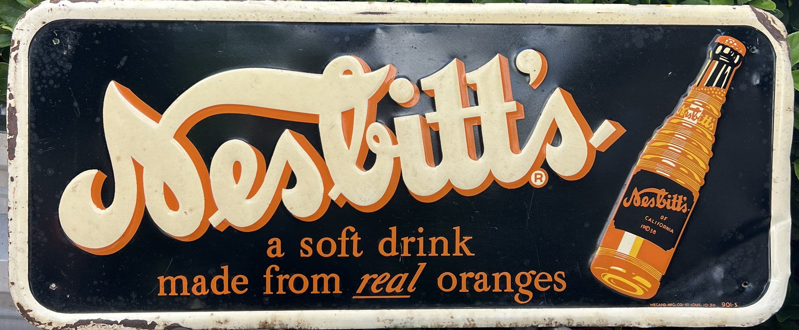 Vintage 1940s–1950s Nesbitt's Orange Soda Embossed Tin Advertising Sign (1 of 1)