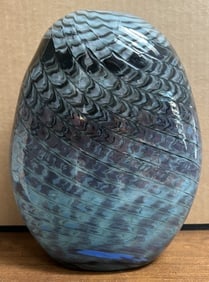 Joy Temple Signed Studio Art Glass 10" Pillow Vase "Silver" Iridescent Pattern: Artist: Joy Temple Dimensions: 10 inches tall x 8 inches wide Details: This is a substantial, heavy studio art glass pillow/ovoid vase featuring a highly detailed, combed iridescent pattern in shades 