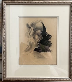 Portrait of a Woman in Profile: This is a striking, dramatic mid-century charcoal and pastel portrait of a woman in profile, dated 1938.The artist utilizes strong chiaroscuro (the intense contrast between light and shadow) by heavil