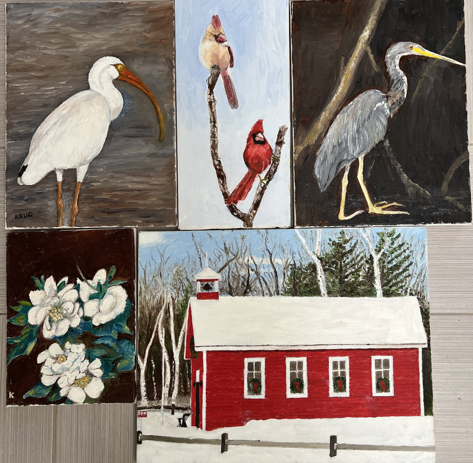 Collection of 5 Original Oil Paintings by Art Kuog: Individual Listings Breakdown White Ibis Study Original Oil Painting White Ibis Waterbird – Signed KRUG Key Details: Features a detailed profile of a white ibis with an iconic curved orange bill aga