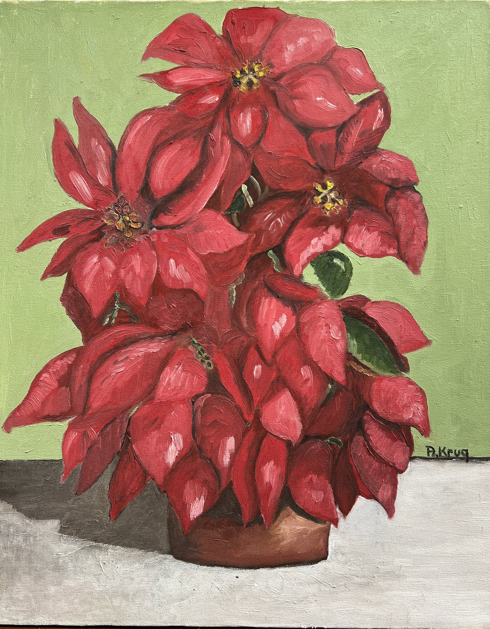 Original Oil Painting Great Blue Heron / Egret Marshland – Signed Krug: This vibrant original oil on canvas still life features a lush arrangement of crimson red poinsettias in a terracotta pot set against a soft sage-green background. Painted with rich, textured brushwor