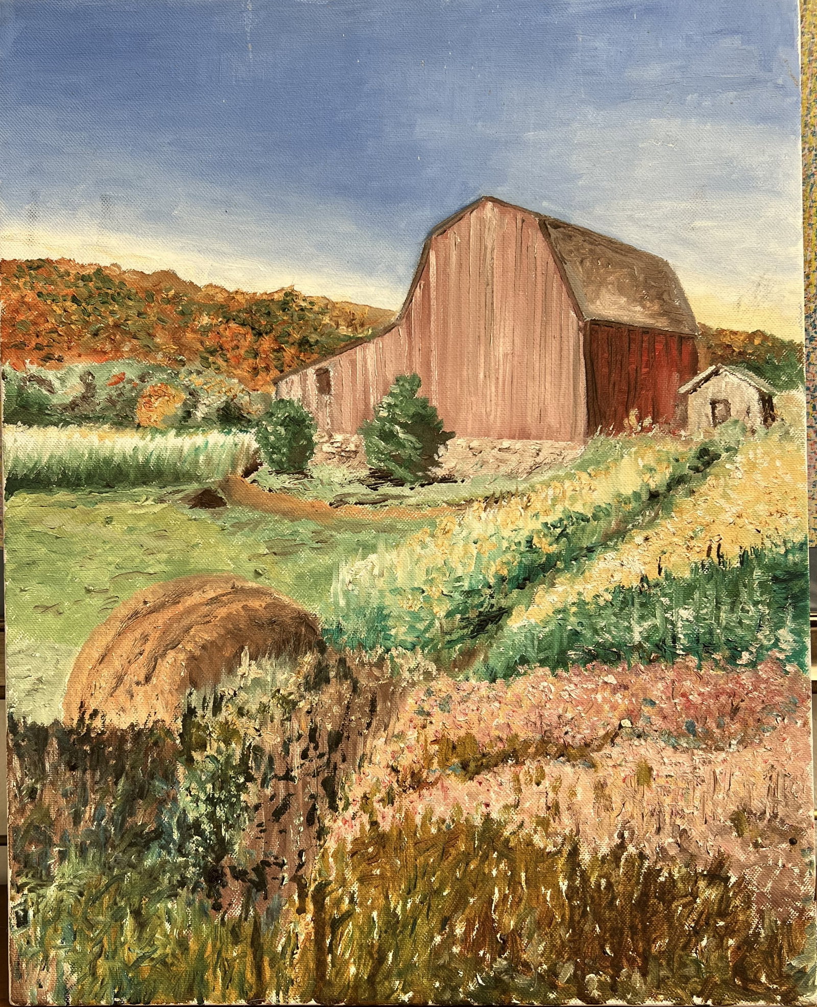 Art Krug Original Oil Painting Rustic Red Barn Harvest Rural Landscape 16x20: This original 16" x 20" oil painting on canvas by Art Krug features a classic rustic rural landscape centered on a weathered red wooden barn. Nestled before autumn-hued hills and an open blue sky, the