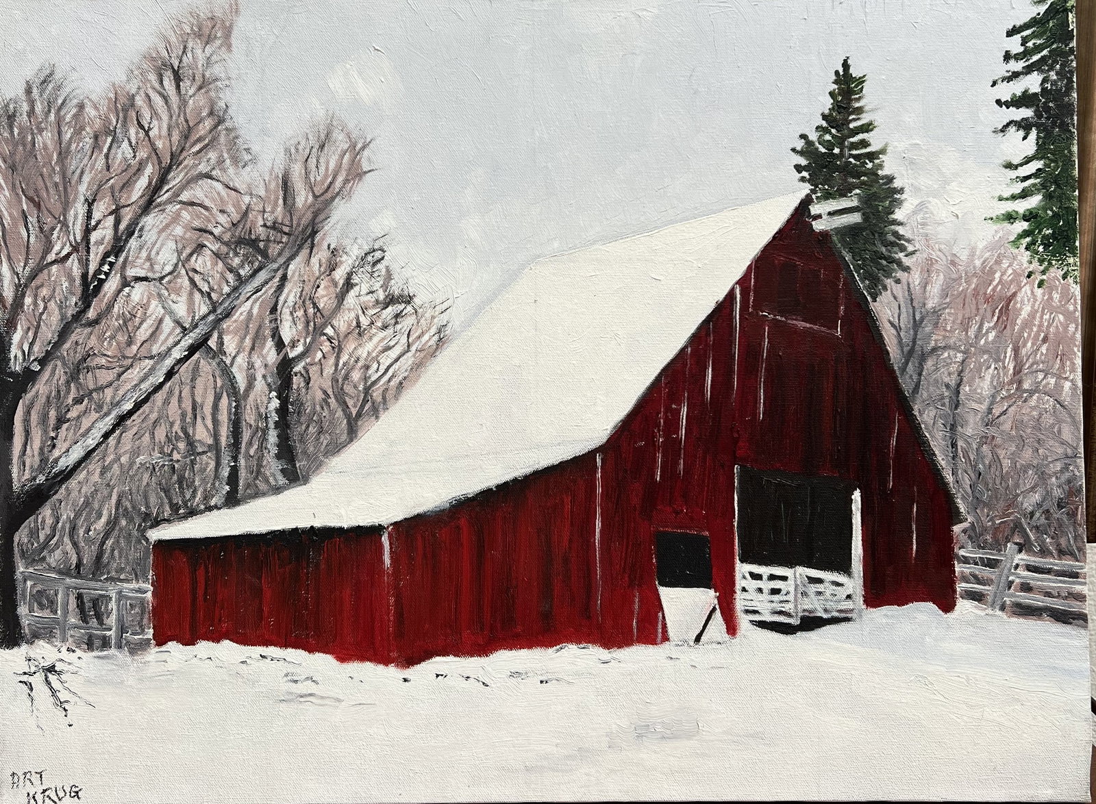 Winter Solitude: The Red Barn 24 x 16 oil on canvas by Art Krug: This 24 x 16 inch original oil on canvas features a striking rustic red barn set against a serene, snow-covered landscape. The bold crimson hue of the barn creates a vivid contrast with the stark whit