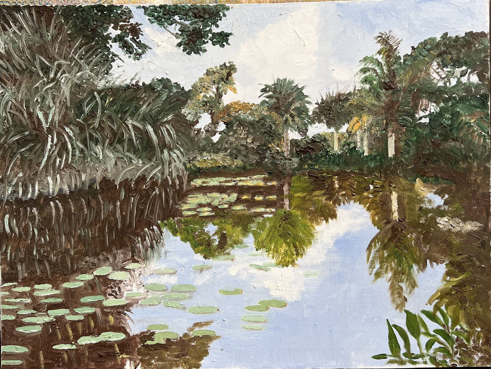 Art Krug Original Oil Painting 24x18 Landscape Reflection Palm Trees Water Lilies Unframed (1 of 2)