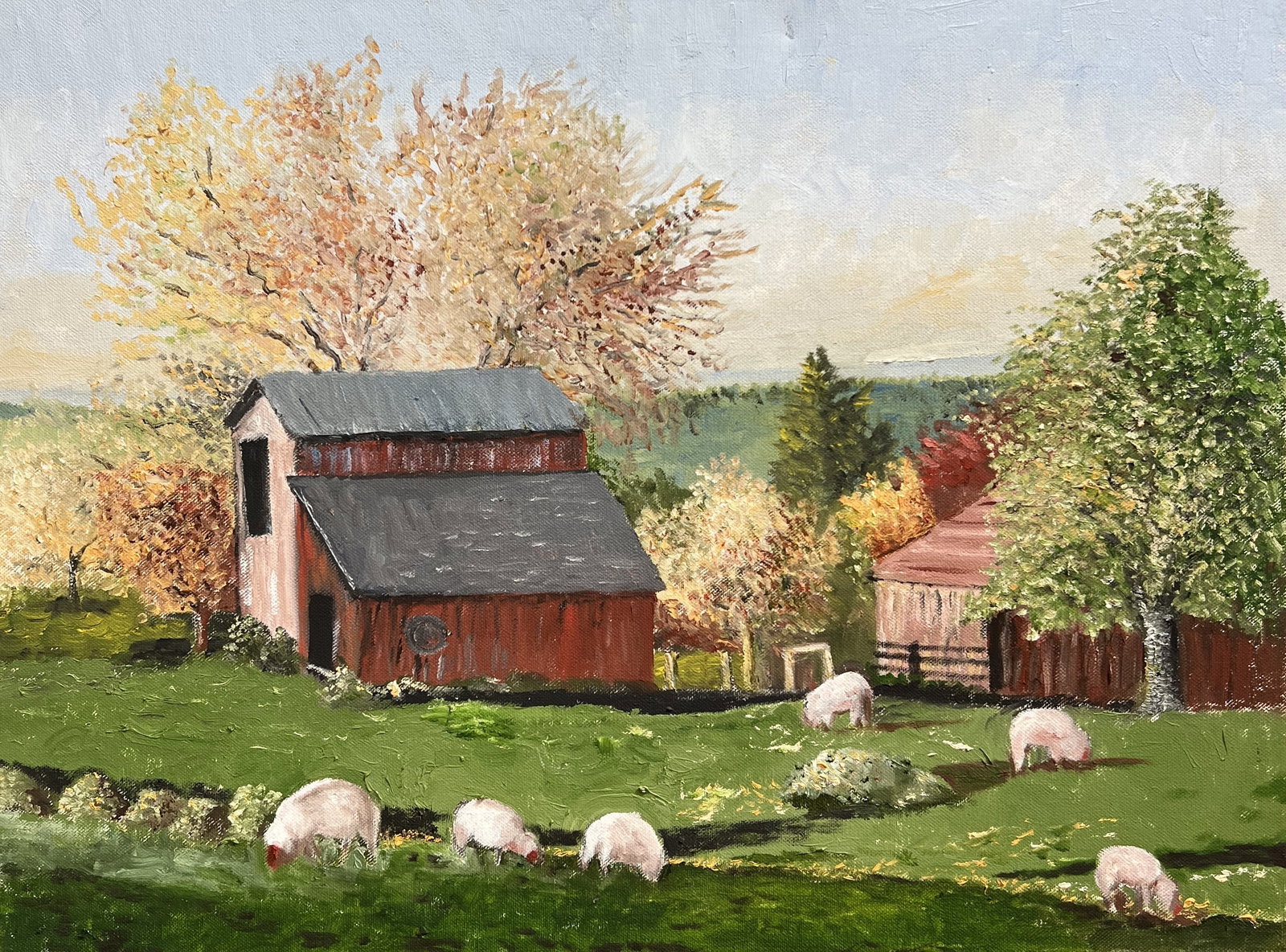 Pastoral Farmstead with Grazing Sheep 24 x 18 Oil on Canvas by Art Krug: This original oil on canvas painting by Art Krug captures a serene countryside farmstead scene featuring sheep grazing in lush, green rolling pastures. Set against a backdrop of rustic red barns, outb