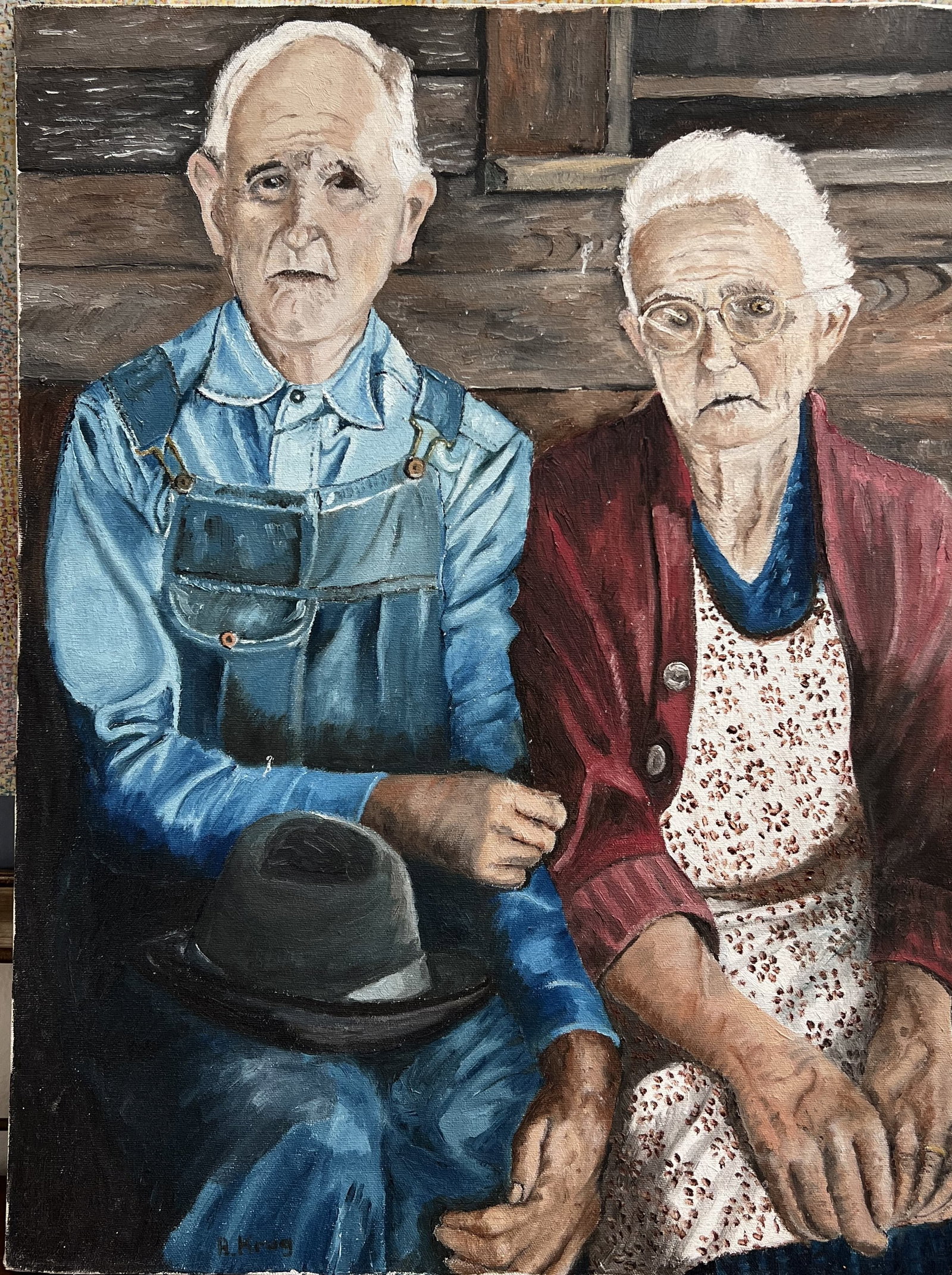 Vintage Original Art Krug Oil Painting on Canvas - American Gothic Style Elderly Couple Portrait (24 (1 of 2)