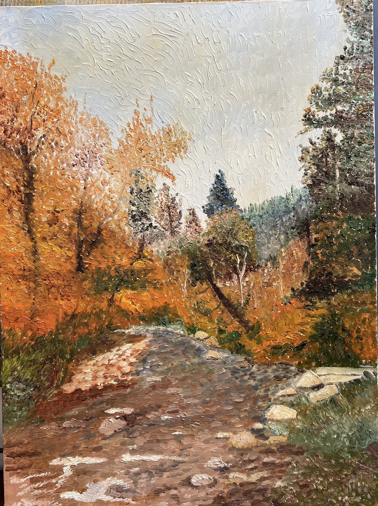 Golden Canopy Path 24 x 18 unframed Oil on Canvas by Art Krug: Medium & Dimensions: Original oil on canvas, 24 x 18 inches, unframed with a stretched wood bar backing. Composition & Style: Heavy impasto brushwork defines an autumn woodland trail winding through v