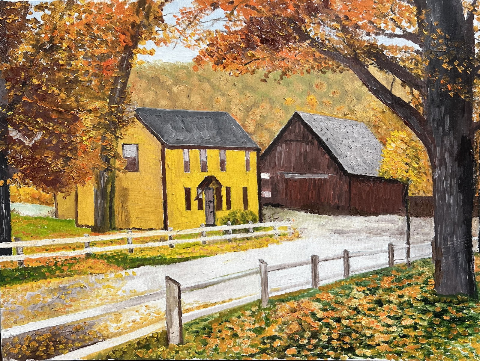Autumn’s Golden Embrace unframed 24 x 18 oil painting by Art Krug: This unframed 24 x 18 oil painting on stretched canvas by Art Krug captures a serene, rustic autumn landscape. Subject Matter: Features a vibrant, yellow two-story farmhouse alongside a weathered dark