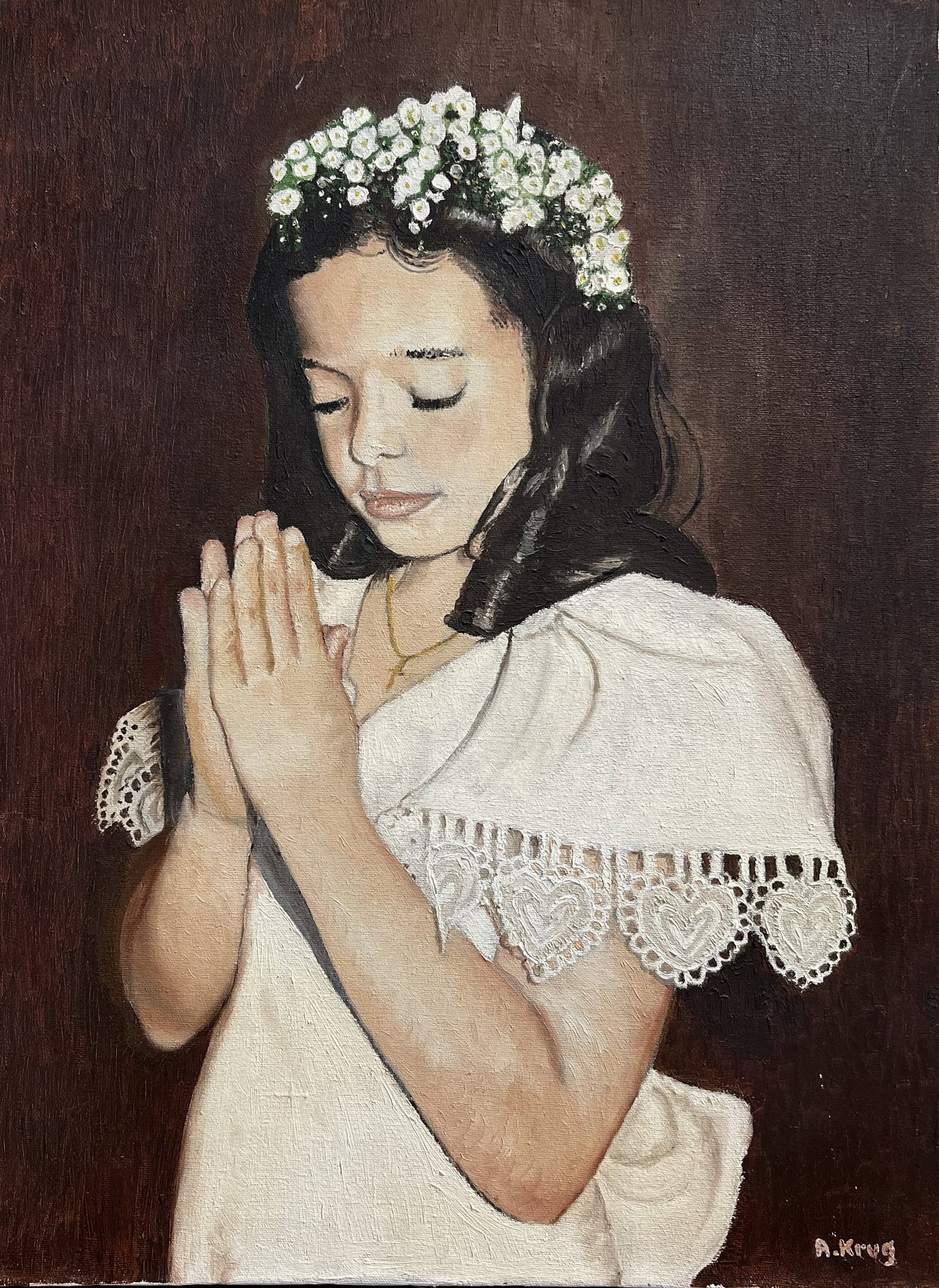Art Krug Original Oil Painting - Jenna McIntosh / First Communion (June 1998) 24 x 18: This original oil on canvas portrait by artist Art Krug depicts a young girl in serene prayer, dressed in a traditional white First Communion dress trimmed with delicate heart-patterned lace. Her dark