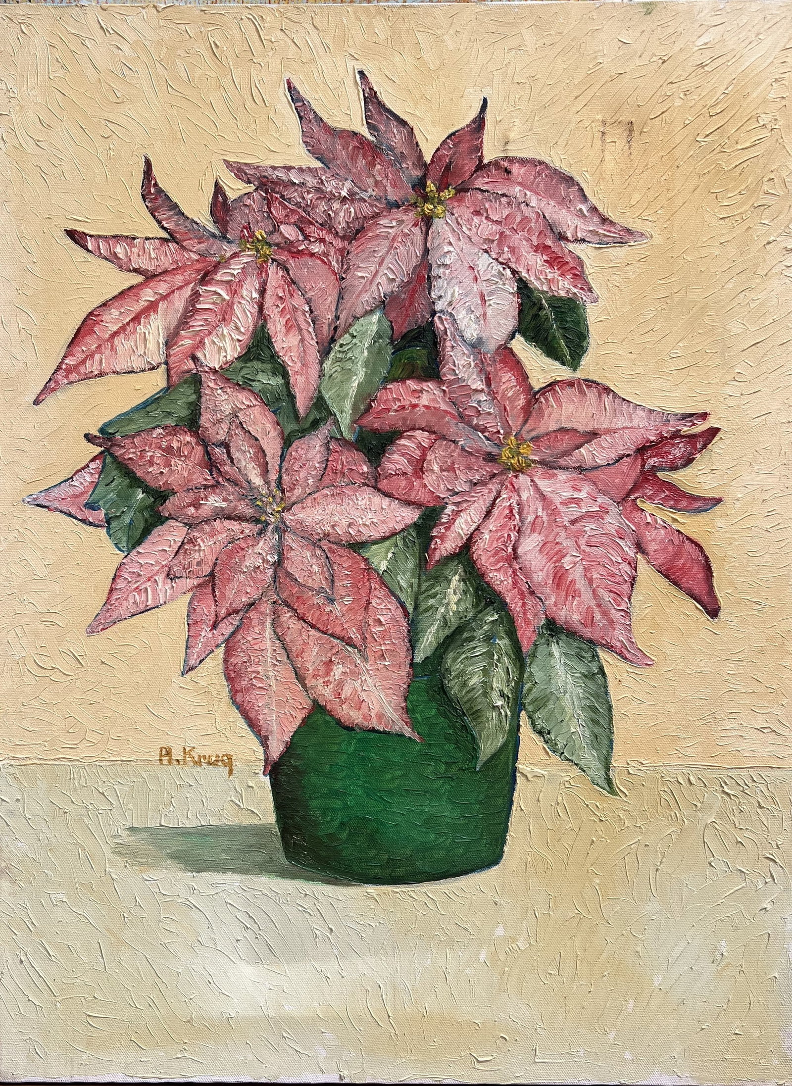 Pink Poinsettias in Green Vase 23 x 18 unfromed Oil on Canvas bt Art Krug: This original 24 x 18 inch unframed oil on canvas by Art Krug features a bold, heavily textured impasto floral still life. The work depicts cluster blooms of vibrant pink poinsettias set in a rich for
