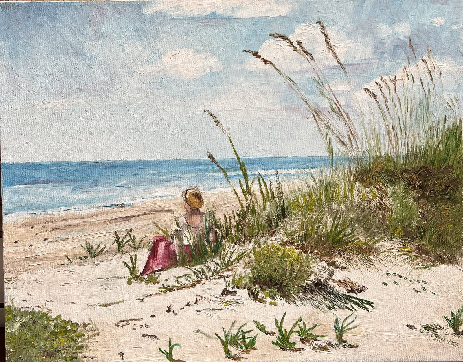 Vintage Art Krug Signed 1984 Coastal Impressionist Beach Scene Oil Painting 20x16: This vintage 1984 impressionist oil on canvas painting by artist Art Krug features a serene coastal scene depicting a lone seated figure gazing out at the ocean from amidst sandy dunes and tall sea oa