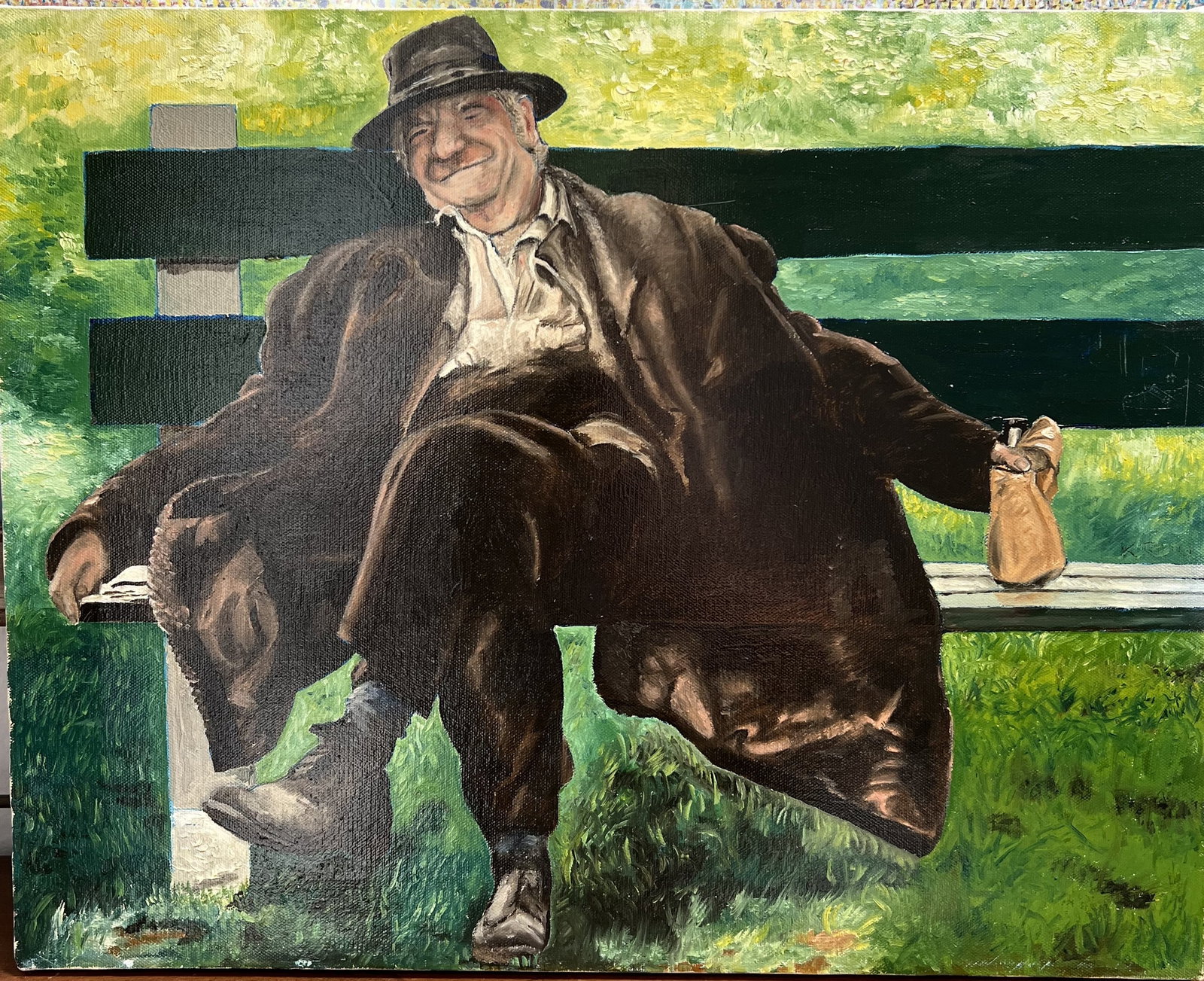 A Quiet Moment 17" x 20" unframed Oil on Canvas by Art Krug: Subject: An elderly man wearing a fedora, a long dark overcoat, and trousers, sitting relaxed with legs crossed on a dark green wooden park bench. He holds a brown paper bag in one hand against the be