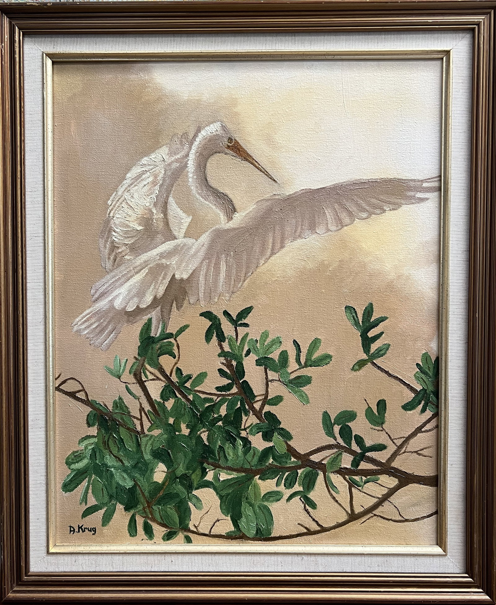 Egret in the Canopy framed 24 x 20 inch oil on canvas painting by artist D. Krug: This framed 24 x 20 inch oil on canvas painting by artist D. Krug captures a white egret or heron mid-action as it perches atop leafy green branches. Subject Matter: A large white wading bird with out