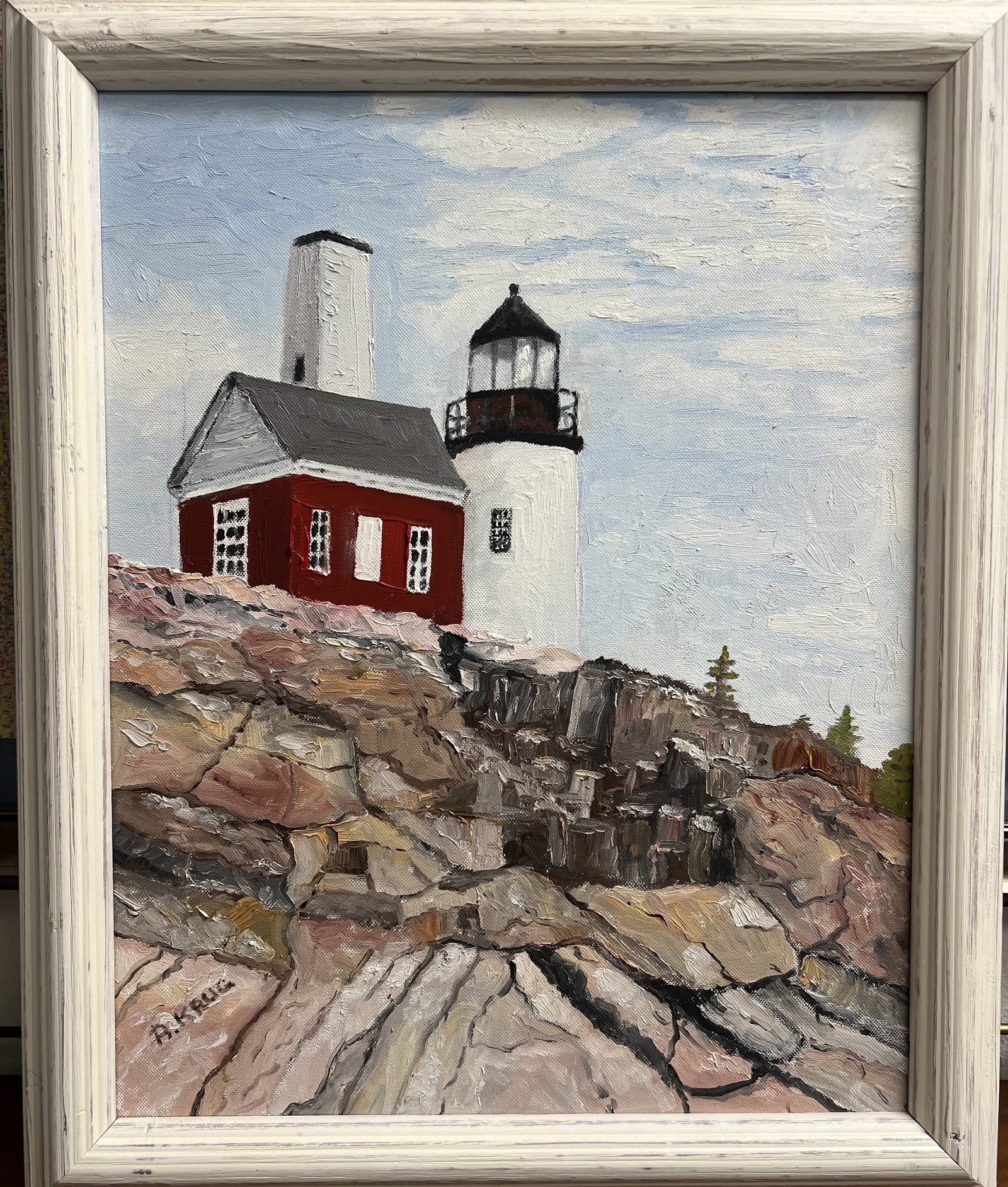 Framed Vintage Coastal Lighthouse Oil Painting by B. Krug – 23" x 19": This original oil on canvas painting depicts Bass Harbor Head Light in Acadia National Park, Maine, perching atop rugged pink granite cliffs overlooking a soft blue sky. The work features rich impasto