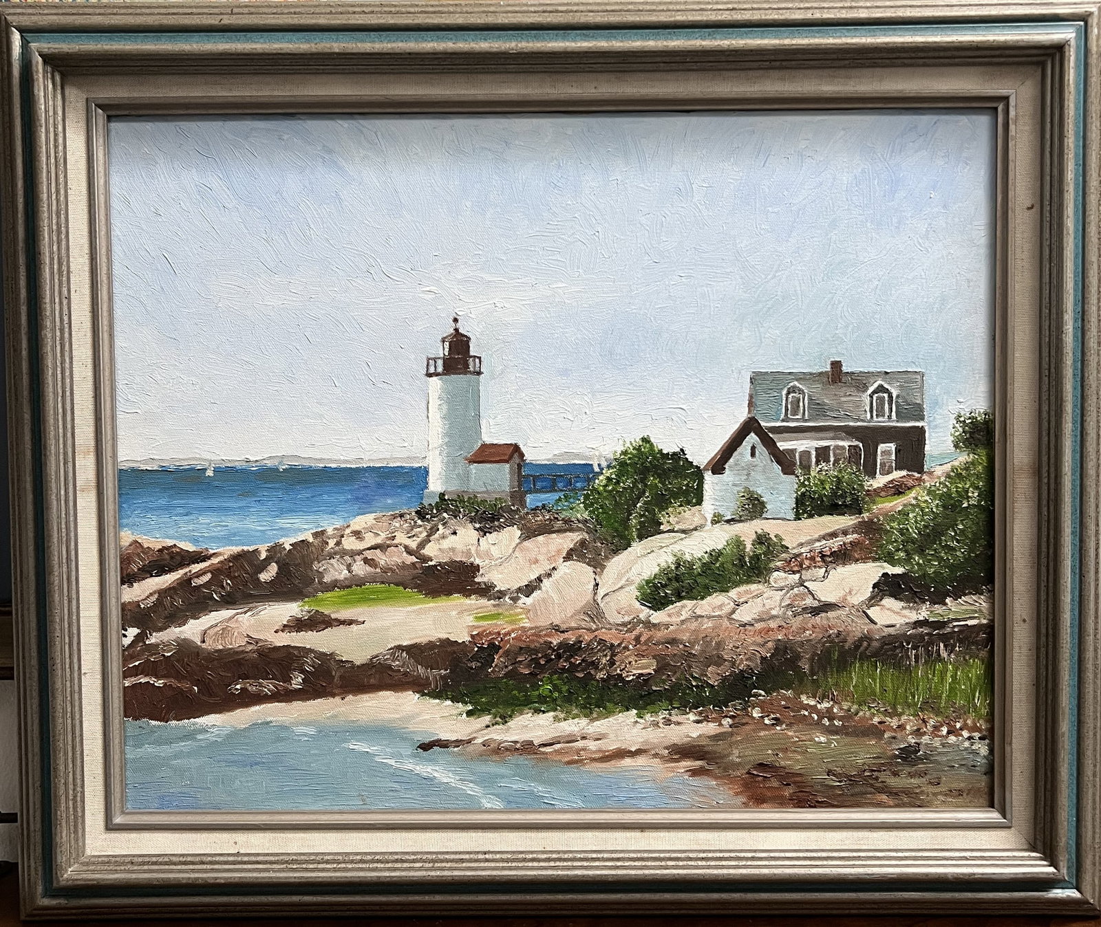 Vintage Coastal Lighthouse Oil Painting on Canvas Signed Krug Framed 25x21: Subject: Features a picturesque coastal scene with a white lighthouse and an adjacent keeper's cottage set atop a rugged, rocky shoreline overlooking calm blue waters. Medium & Style: Original oil pai