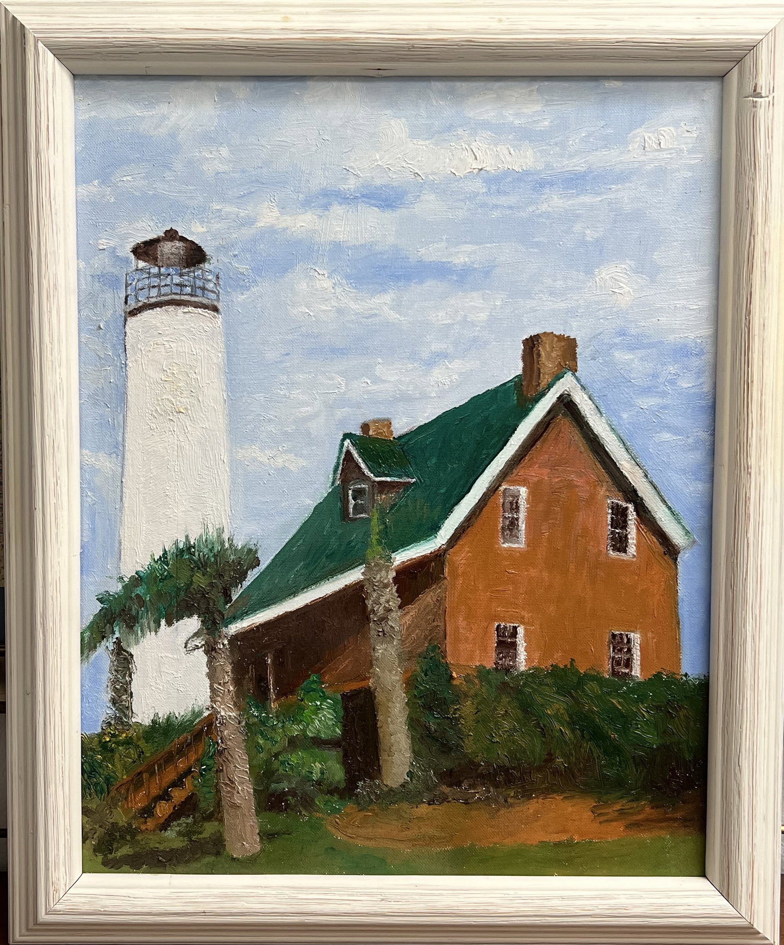 Original Lighthouse & Keeper's Quarters Oil Painting on Canvas by Krug, Framed 23" x 19": Subject: Coastal coastal scene depicting a classic white lighthouse paired with a brick keeper's house featuring a deep green roof, framed by palmetto trees, lush greenery, and a bright, lightly cloud