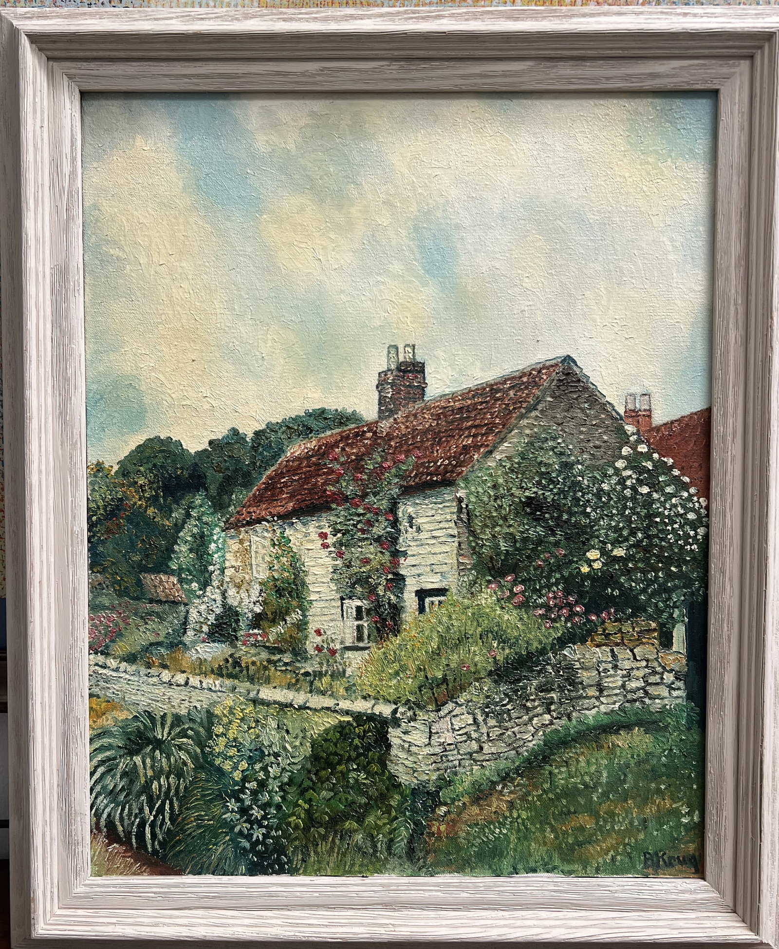 Vintage B. Krug Signed Oil Painting Country Cottage Landscape Framed 20x16 Canvas (1 of 2)