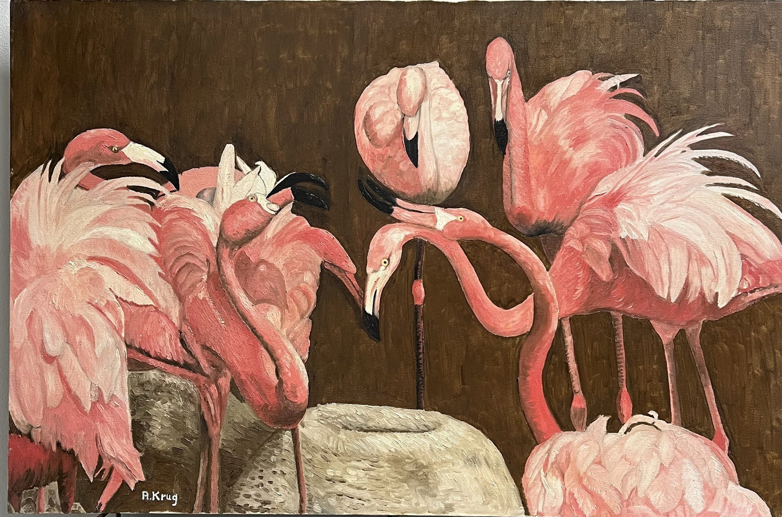 Original Vintage Flamingo Oil Painting on Canvas by A. Krug - 24x36 Unframed: This striking 24" x 36" original oil painting on stretched canvas features a closely clustered flock of pink flamingos against a rich, dark brown earthy background. Signed by artist A. Krug in the low