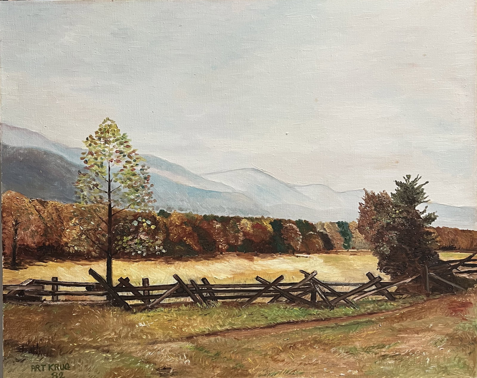 Vintage Art Krug 1982 Autumn Landscape Oil Painting on Canvas 24x30 Unframed: This original 1982 oil painting on canvas by artist Art Krug features a serene fall landscape composition. The artwork depicts a rustic split-rail wooden fence running across a golden meadow, framed b