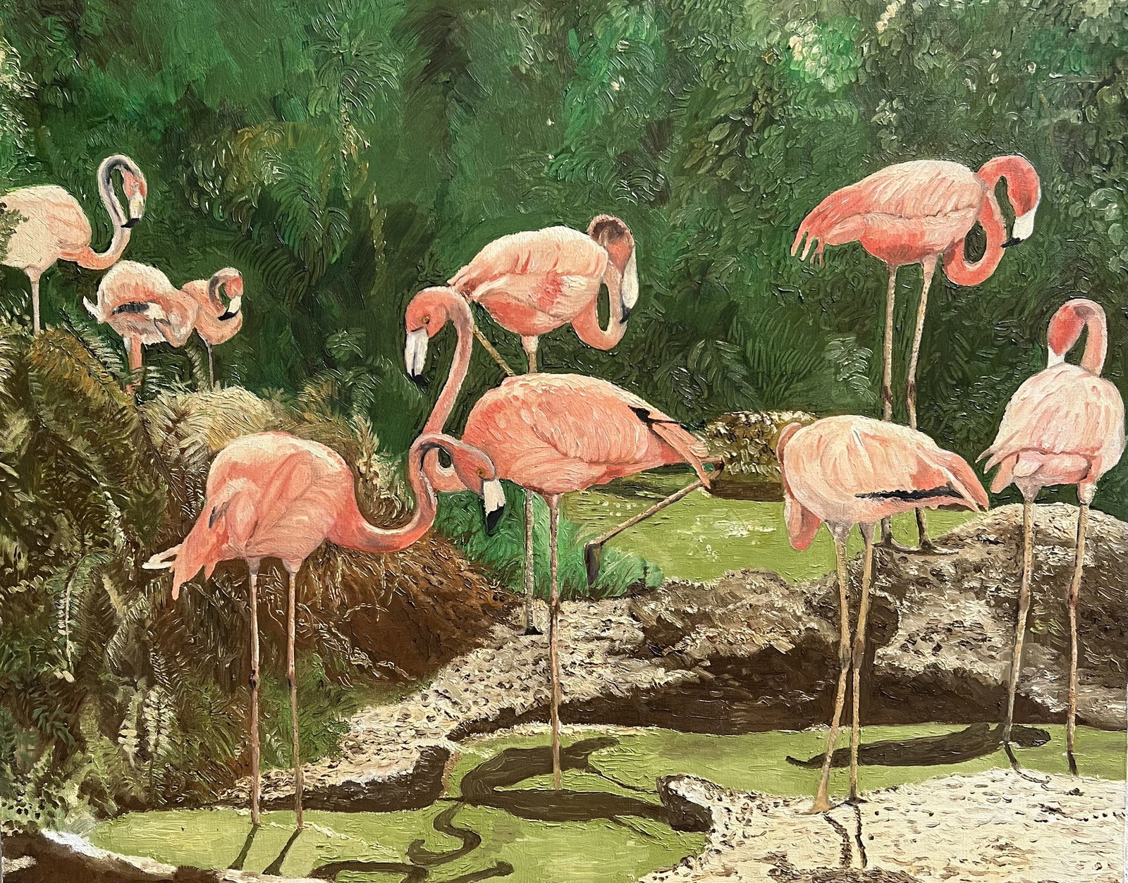 Vintage Original Flamingo Oil Painting on Canvas 24x30 - Tropical Wildlife Art Signed Krug: This original 24" x 30" oil on canvas depicts a flock of pink flamingos gathered around a lush tropical pool and dense green foliage backdrop. Rendered with rich impasto brushwork and realistic detail