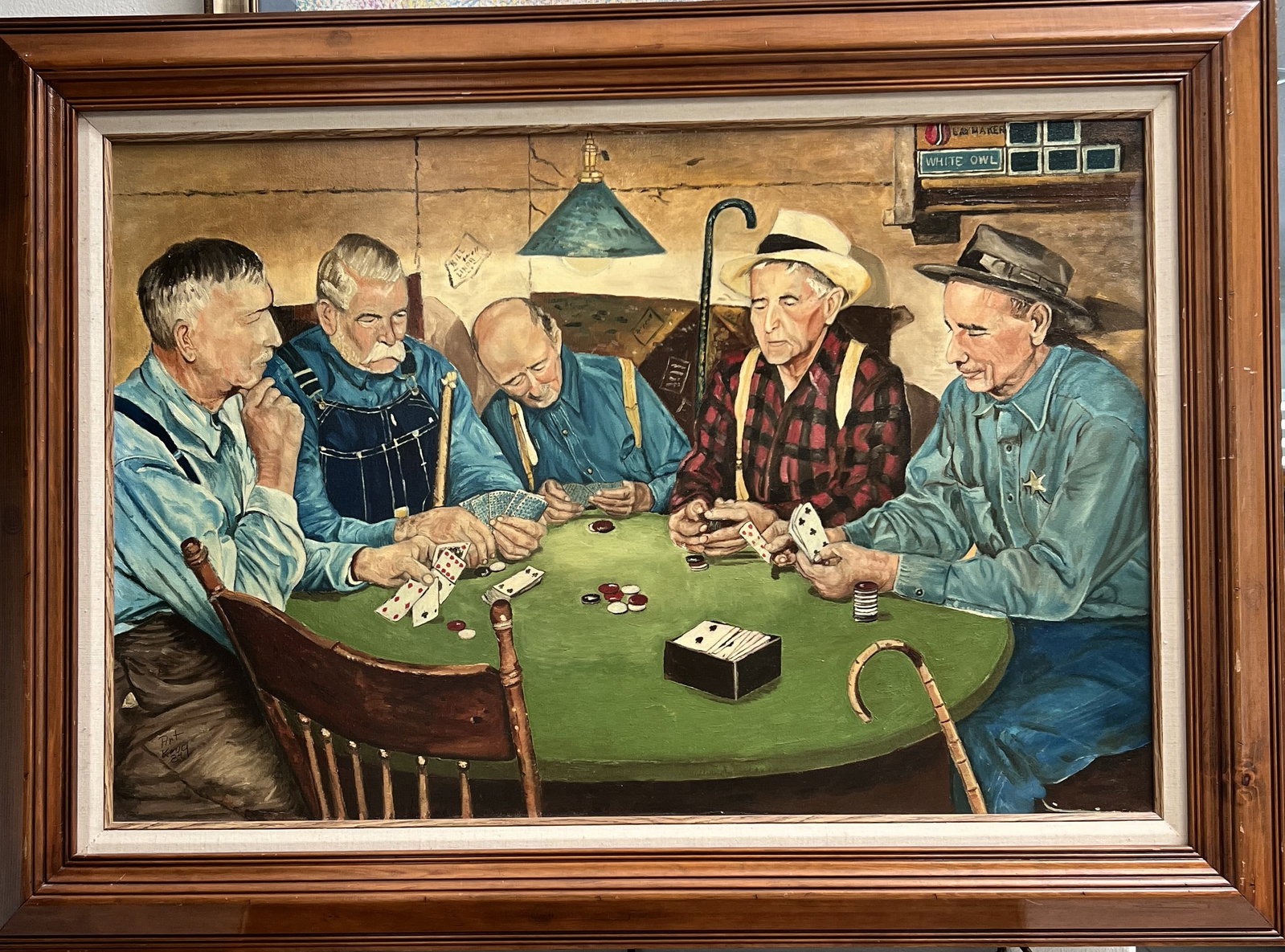 Vintage Art Krug Signed Large Oil Painting Framed 44x32 - Men Playing Cards Game Night (1 of 3)