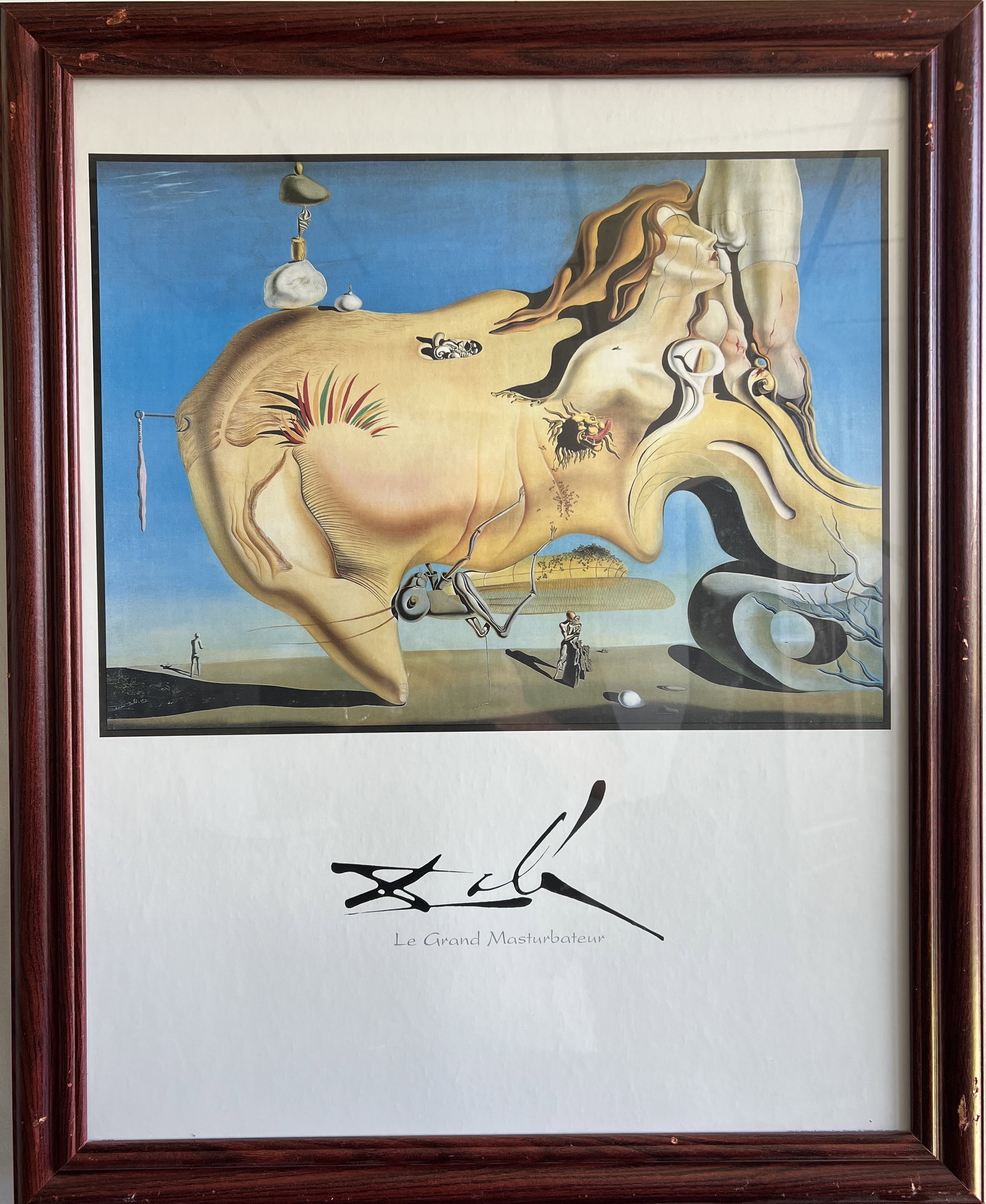 Framed Salvador Dalí "Le Grand Masturbateur" Art Print - 31" x 25": Up for sale is a framed art print featuring Salvador Dalí's iconic Surrealist work, Le Grand Masturbateur (The Great Masturbator). The print displays a printed signature below the image alongside the