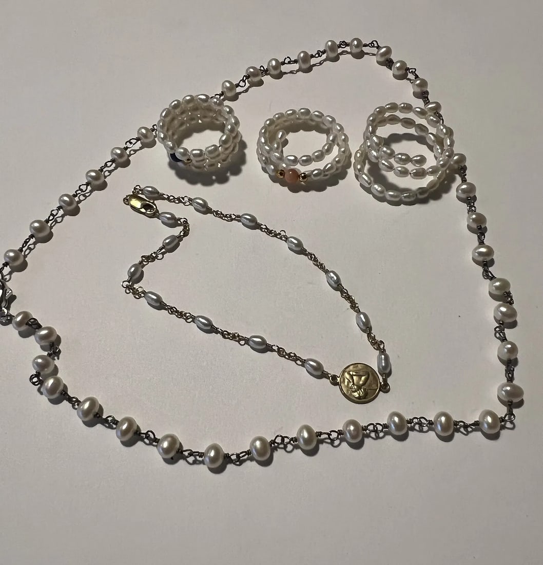 Milly / Italian Sterling Silver & Freshwater Pearl Necklace, Bracelet, and Ring Suite: The Collection: A cohesive 5-piece luxury jewelry suite handcrafted primarily from natural white freshwater pearls and sterling silver. The collection includes: One Long Station Necklace: Features ind