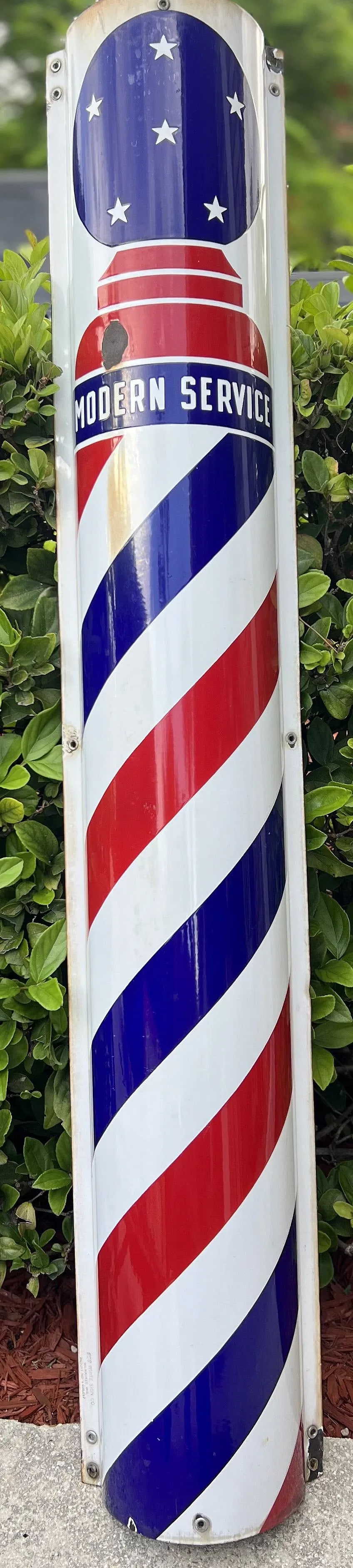 Vintage 1930s–1950s "Modern Service" Curved Porcelain Barber Pole Sign (1 of 1)