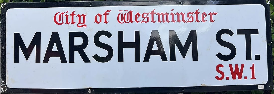 City of Westminster Marsham St. S.W.1 Street Sign: City of Westminster Marsham St. S.W.1 Street SignDescriptionThis is an authentic, rectangular enamel street sign from the City of Westminster in London, marking Marsham St. S.W.1.The sign features the