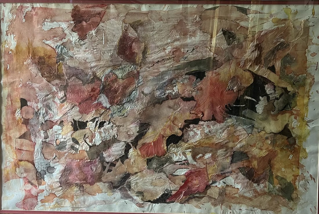 Large Scale Mixed Media Stunning Work by the Artist BIEBER: this is a large-scale, mid-century to contemporary abstract expressionist mixed media piece. The artwork utilizes a heavy texture technique, incorporating elements of layered, crumpled tissue paper or