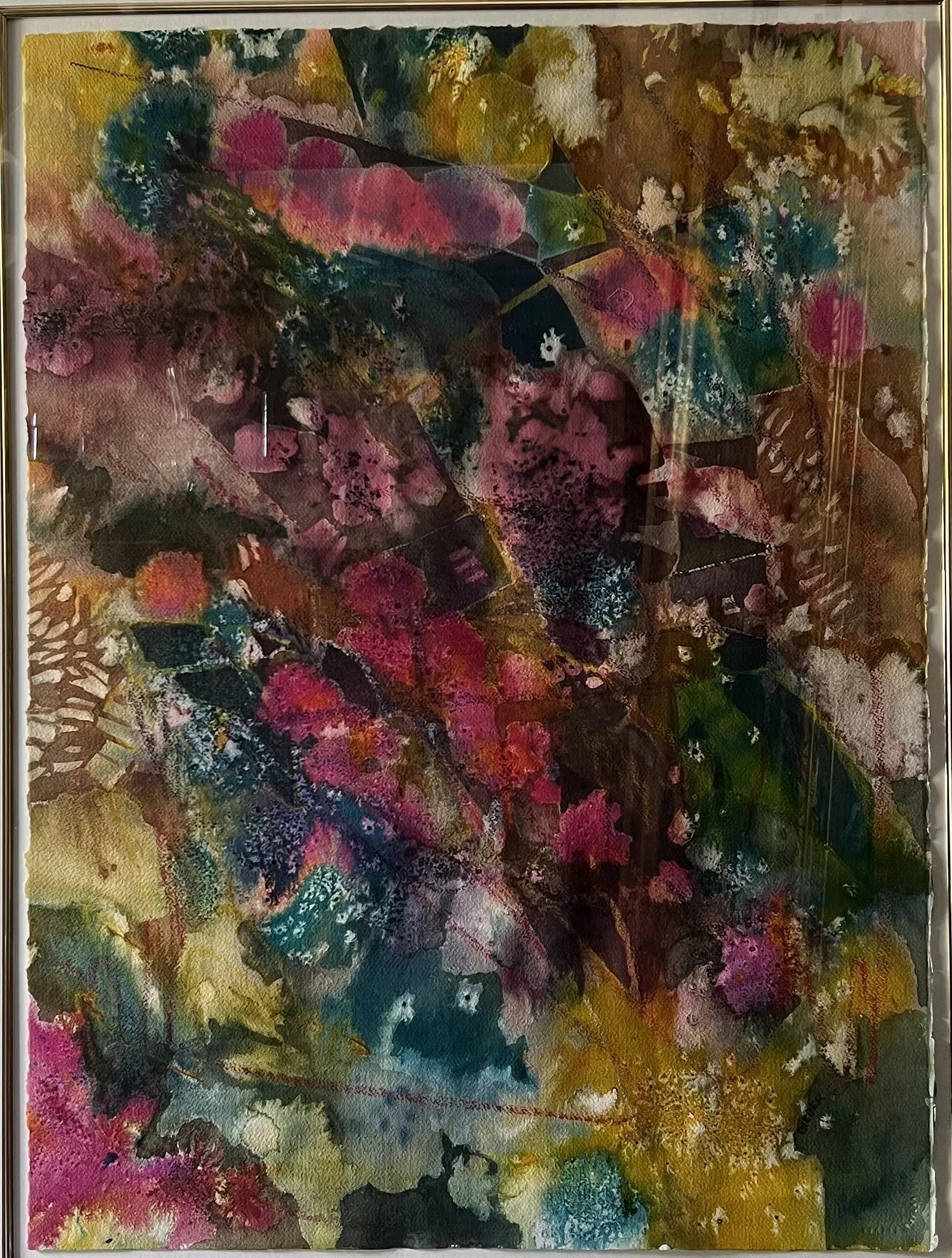 Large 38x46 Signed BIEBER Abstract Mixed Media Painting - Modernist Fine Art Gilt Framed: Based on the provided images, this piece is a highly textured, abstract mixed media or watercolor work featuring a deckled-edge paper floated inside a premium, heavy gilt frame.The clear signature