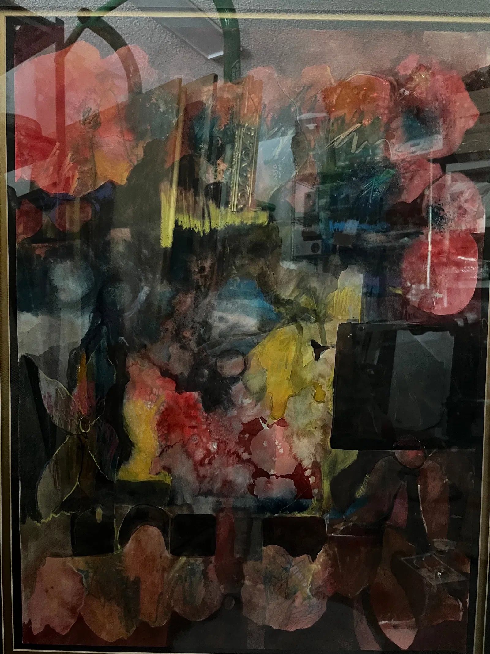 Kris Bieber Large Mixed Media Abstract Painting – Framed 41" x 49": Artist: Kris Bieber Medium: Mixed Media / Watercolor and Collage on Paper Signature: Signed "BIEBER" in distinctive lettering on the lower right quadrant (visible in image_3.png). Dimensions: 41" x 49