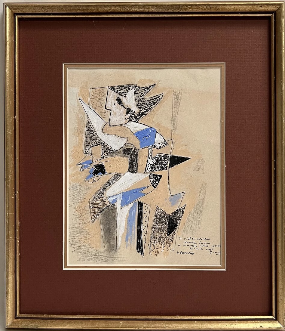 Gino Severini Composition Futuriste Abstract Study in Blue and Ochre: This sophisticated mixed media piece, showcases a dynamic Cubo-Futurist aesthetic. The composition features a complex arrangement of geometric forms, stippled textures, and sharp angularity characteri