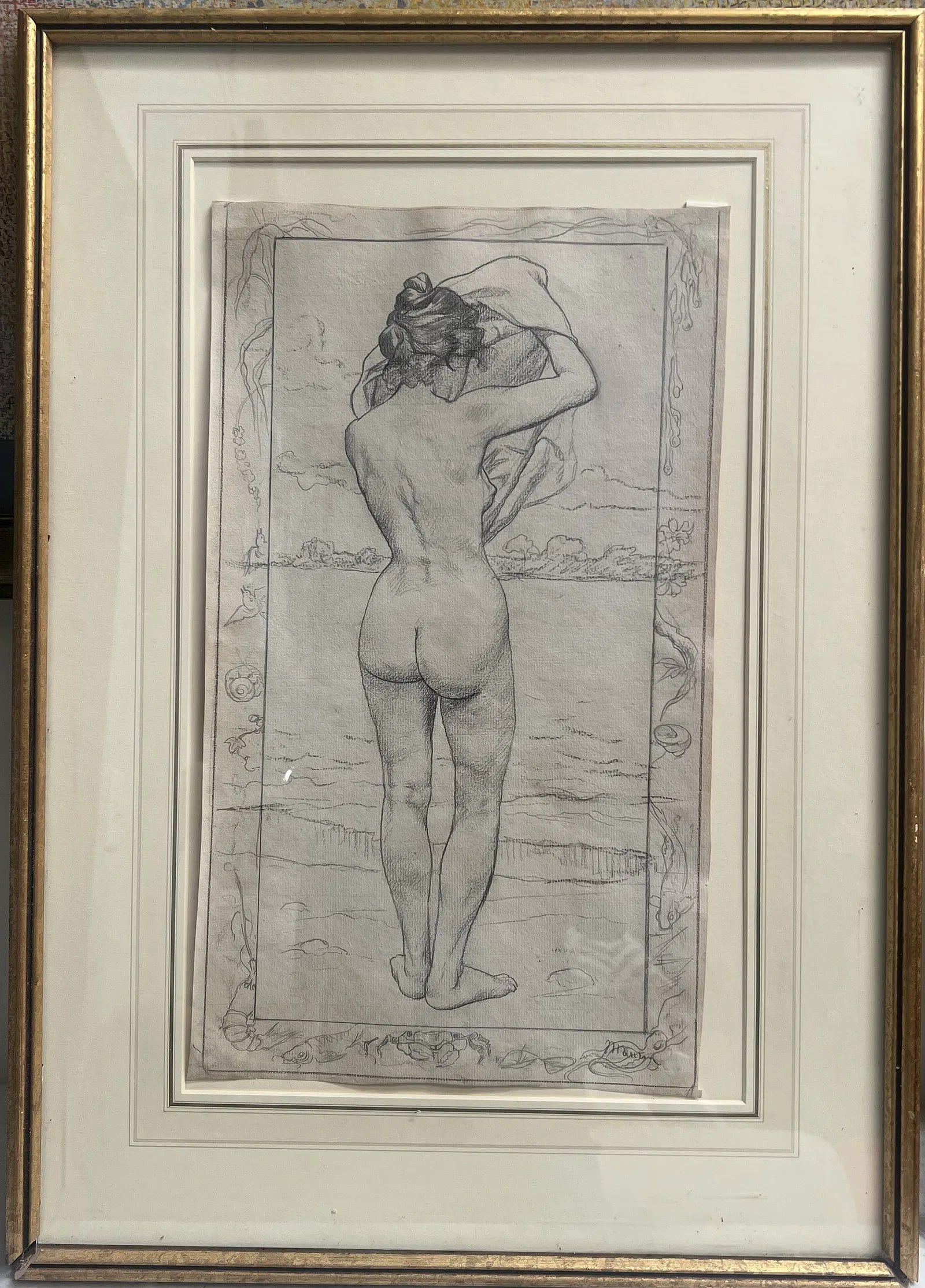 Alphonse Mucha Style Art Nouveau Print - "Nude at the Shore" - Marine Border - 18" x 25" Framed: This piece is a known composition often associated with the "Le GoÃ»t" (The Taste) or "L'Eau" (The Water) themes found in early 20th-century French illustration.• The Signature: In the bottom