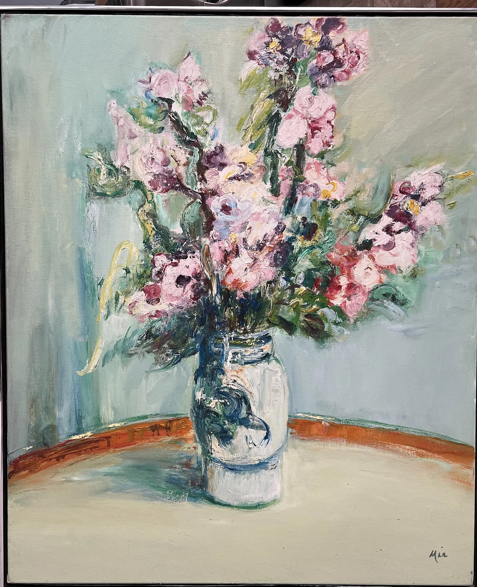Vibrant Expressive Still Life by MIA: The painting depicts a vibrant and expressive still life of flowers arranged in a vase, characterized by a distinct and bold artistic style.Description of the Painting:Subject: The central focus is a 