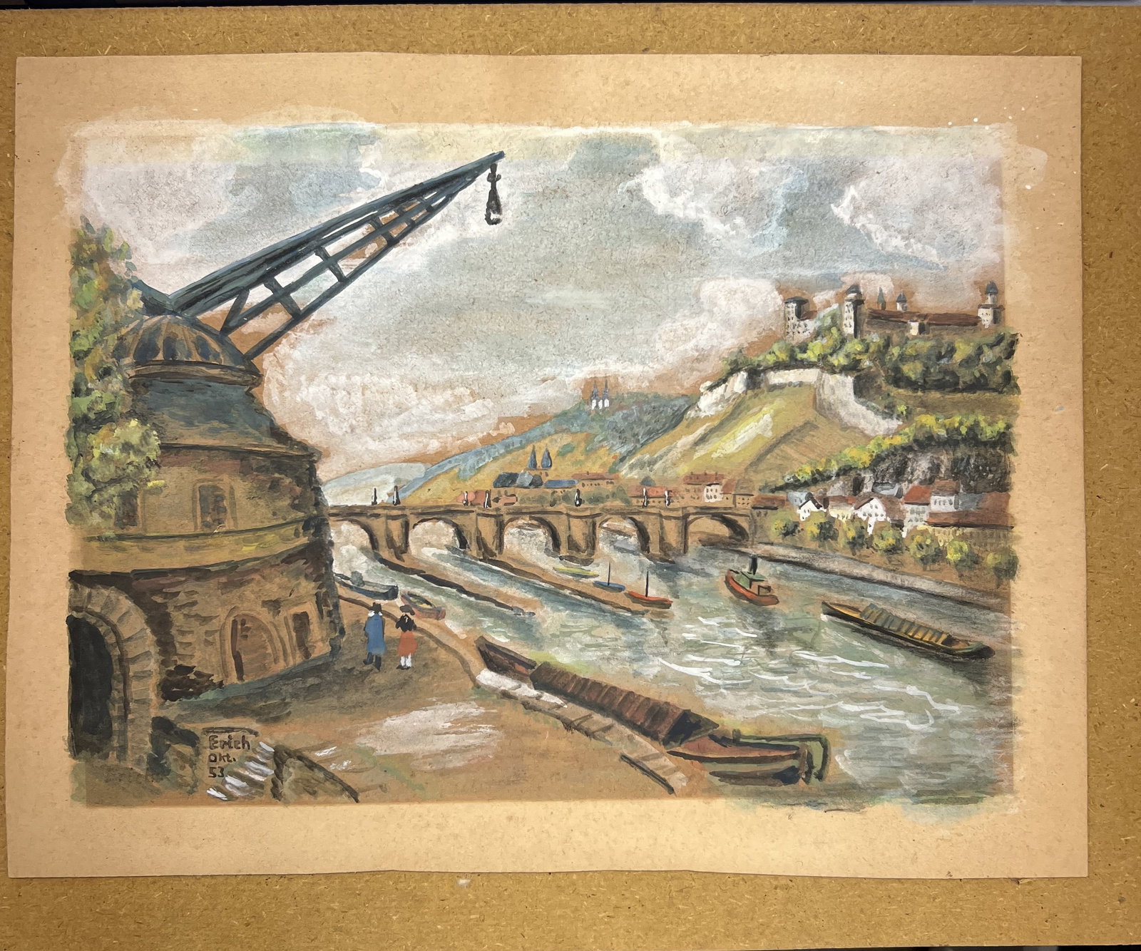 Alter Krahnen, Trier, Moselkran Trier, or View of Trier on the Moselle. Watercolor on Paper Dated 53: This piece is a mid-20th-century German watercolor depiction of the historic Alter Krahnen (Old Crane) along the Moselle River in Trier, Germany.Description & Subject Subject: The painting features th