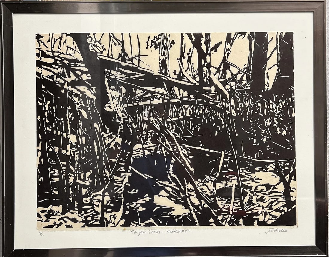Jennifer Basile, "Mangrove Series - Untitled #3" (2011) – Limited Edition Woodcut on Rice Paper: Item DescriptionThis captivating woodcut print, titled "Untitled #3" from Basile’s acclaimed Mangrove Series, offers a high-contrast, immersive look into the dense thickets of the Florida Everglades