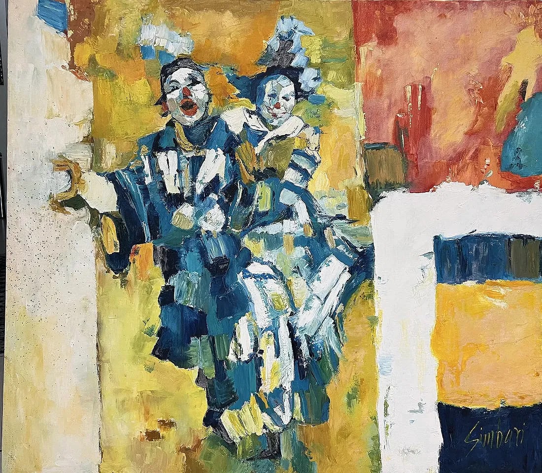 Nicola Simbari "Deux Clowns" Oil on canvas "In the manner of", Signed Lower Rt: Rendered in Nicola Simbari’s signature "semi-abstract impressionist" style, this dynamic oil on canvas measuring 40 × 45 inches captures two theatrical figures, or clowns, clad in richly textured, 
