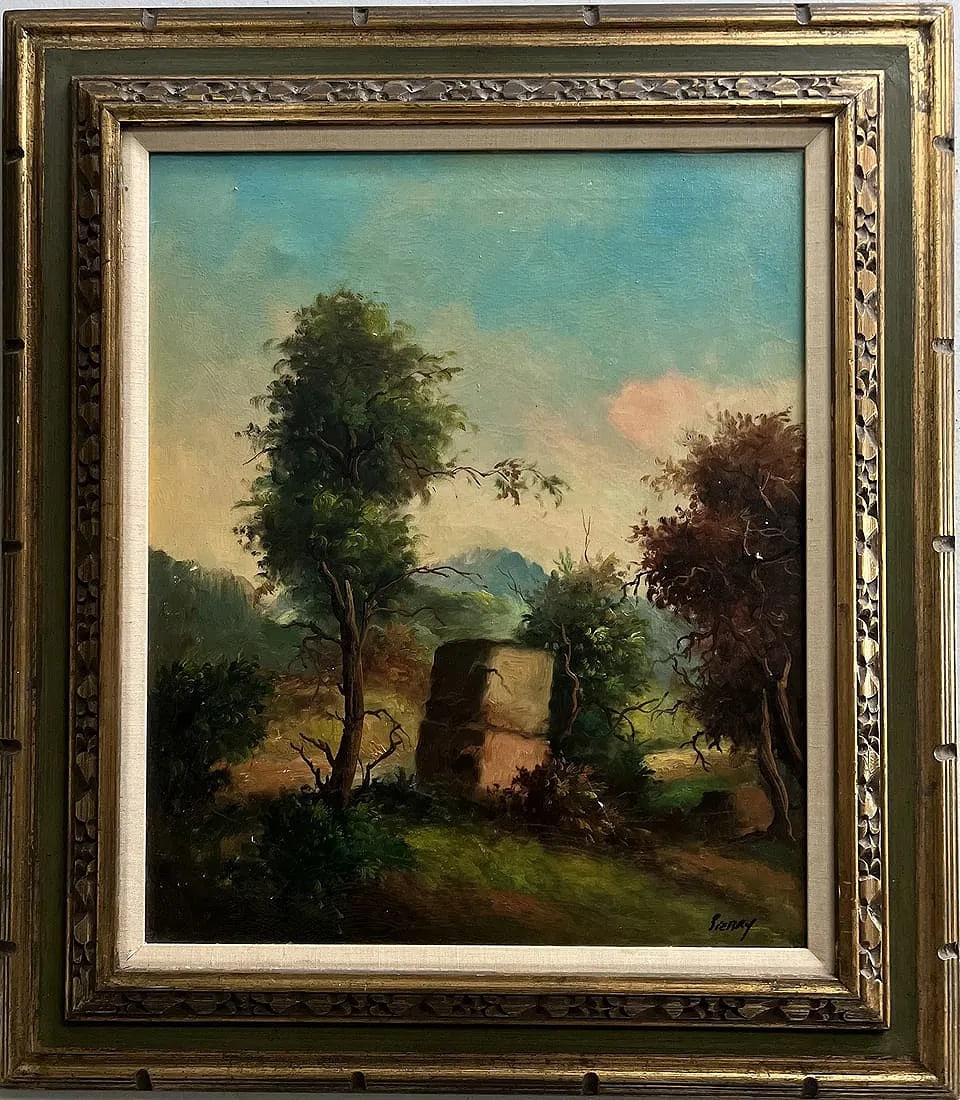 Original Oil Painting on Canvasdepicting a Landscape w Trees & a Structer SIENAY: The product is an original oil painting on canvas depicting a landscape with trees and a structure. Created by artist SIENAY in the 1950s, the large-sized painting features an abstract style, making