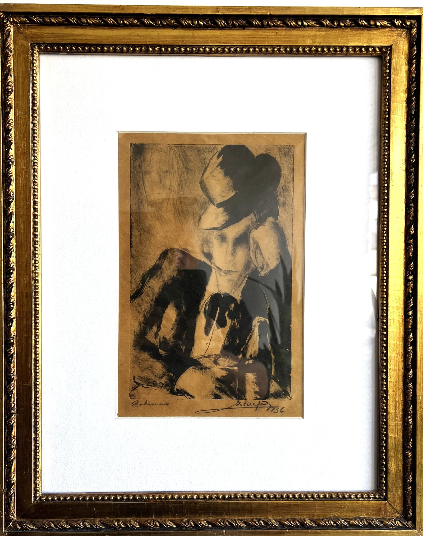 Yves Brayer (1905–1990) Signed Ink Drawing Monotype "Bohemio" (1936) – Framed Provenance Labels: Artist: Attributed to French Expressionist/Figurative master Yves Brayer (1905–1990). Medium: Ink drawing / monotype on paper depicting a seated bohemian figure with a hat and bottle. Title & Inscri