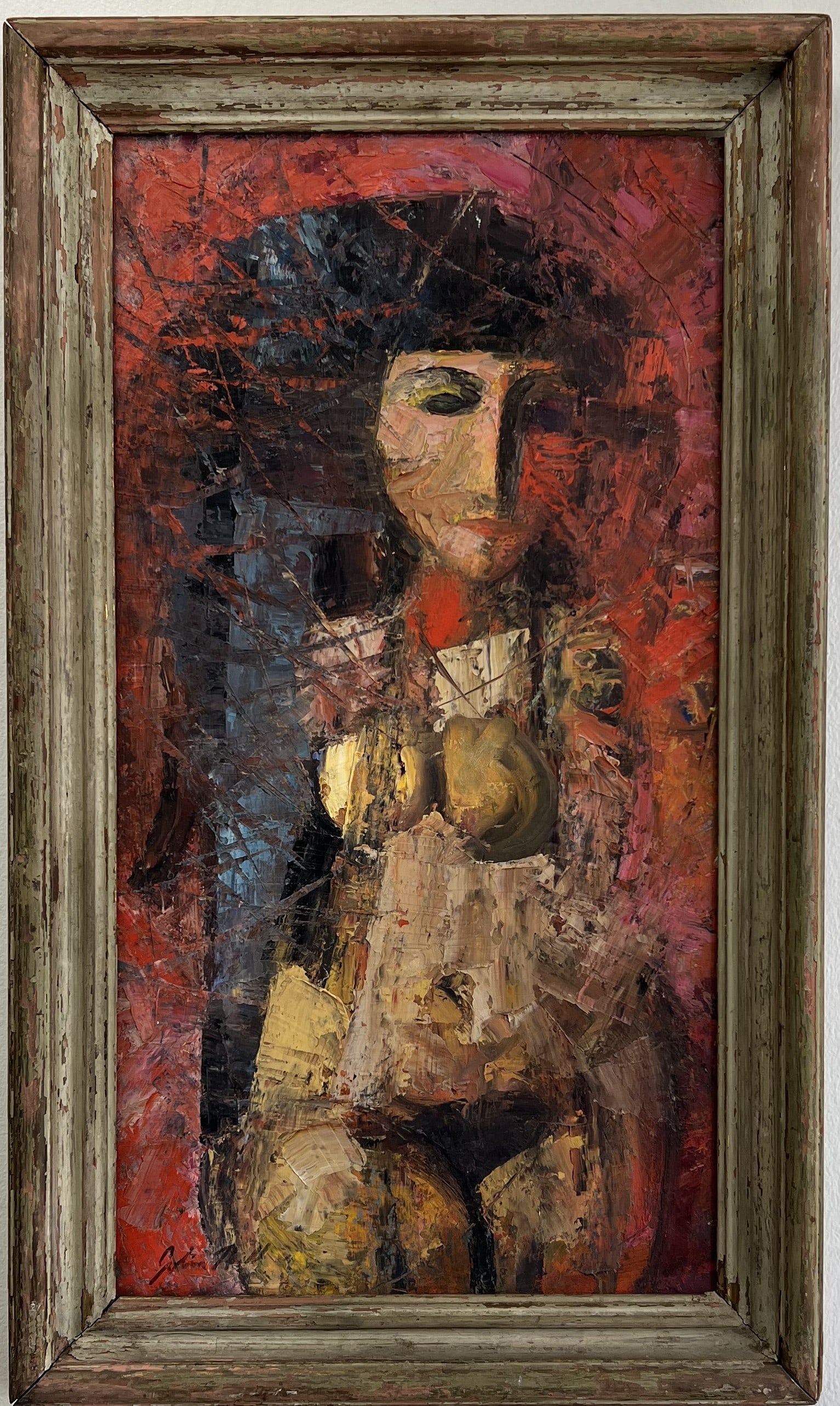 Crimson Solitude or Portrait in Gold and Ochre oil on Board 15 x 26: Subject & Style: A mid-century Expressionist semi-nude portrait depicting a stylized female figure seated against a rich, textured backdrop. The piece features dramatic, angular lines, heavy impasto,