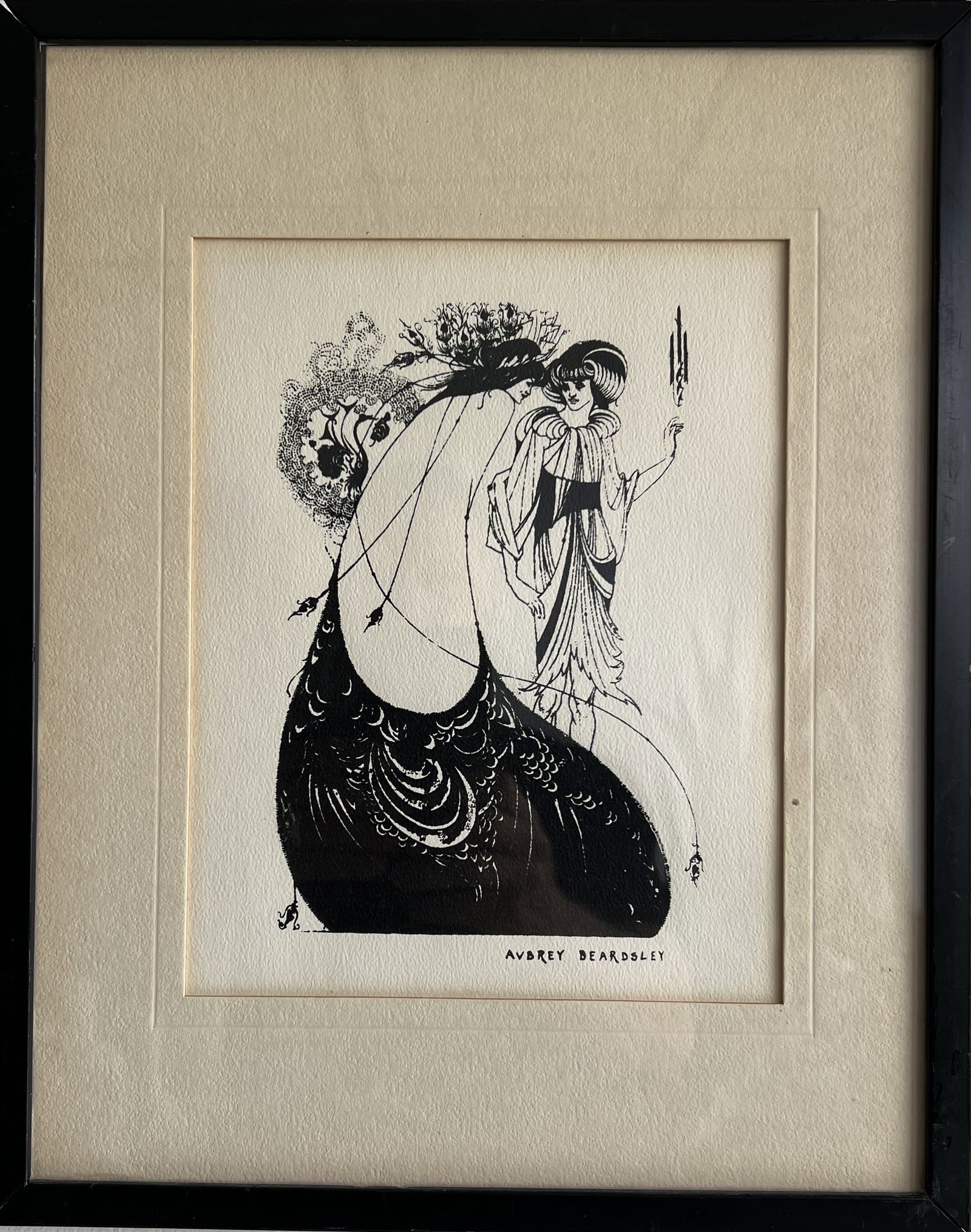 The Peacock Skirt (originally created as an illustration for Oscar Wilde's 1894 play Salome): Artist: Aubrey Beardsley (signed "AVBREY BEARDSLEY" in the lower right center) Style: Art Nouveau / Aesthetic Movement Medium: Black ink woodcut/line art style print on cream-toned paper Subject: Depi
