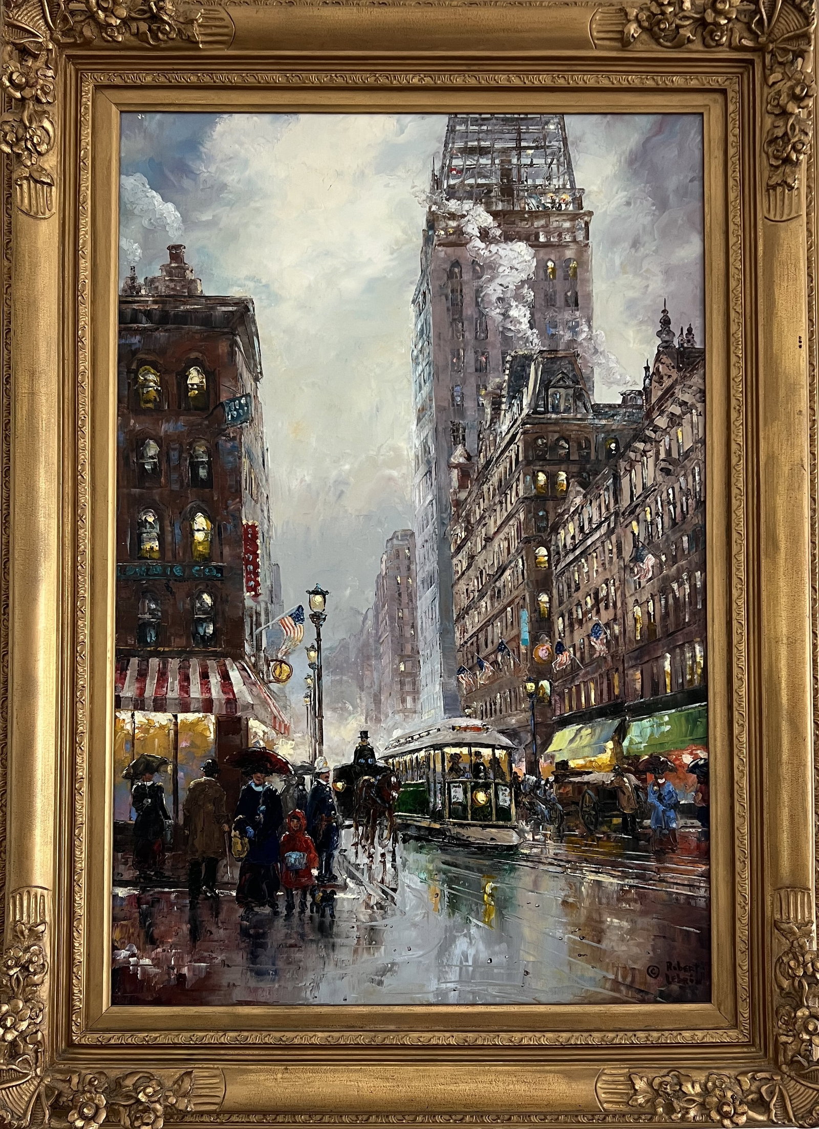 Robert LeBron Original Oil Painting - Chicago Masonic Temple ca. 1900 (36" x 24"): Painted circa 1995 by listed American artist Robert LeBron (1928–2012), this large 36" \times 24" original oil on canvas captures a bustling, turn-of-the-century Chicago street scene featuring a hor
