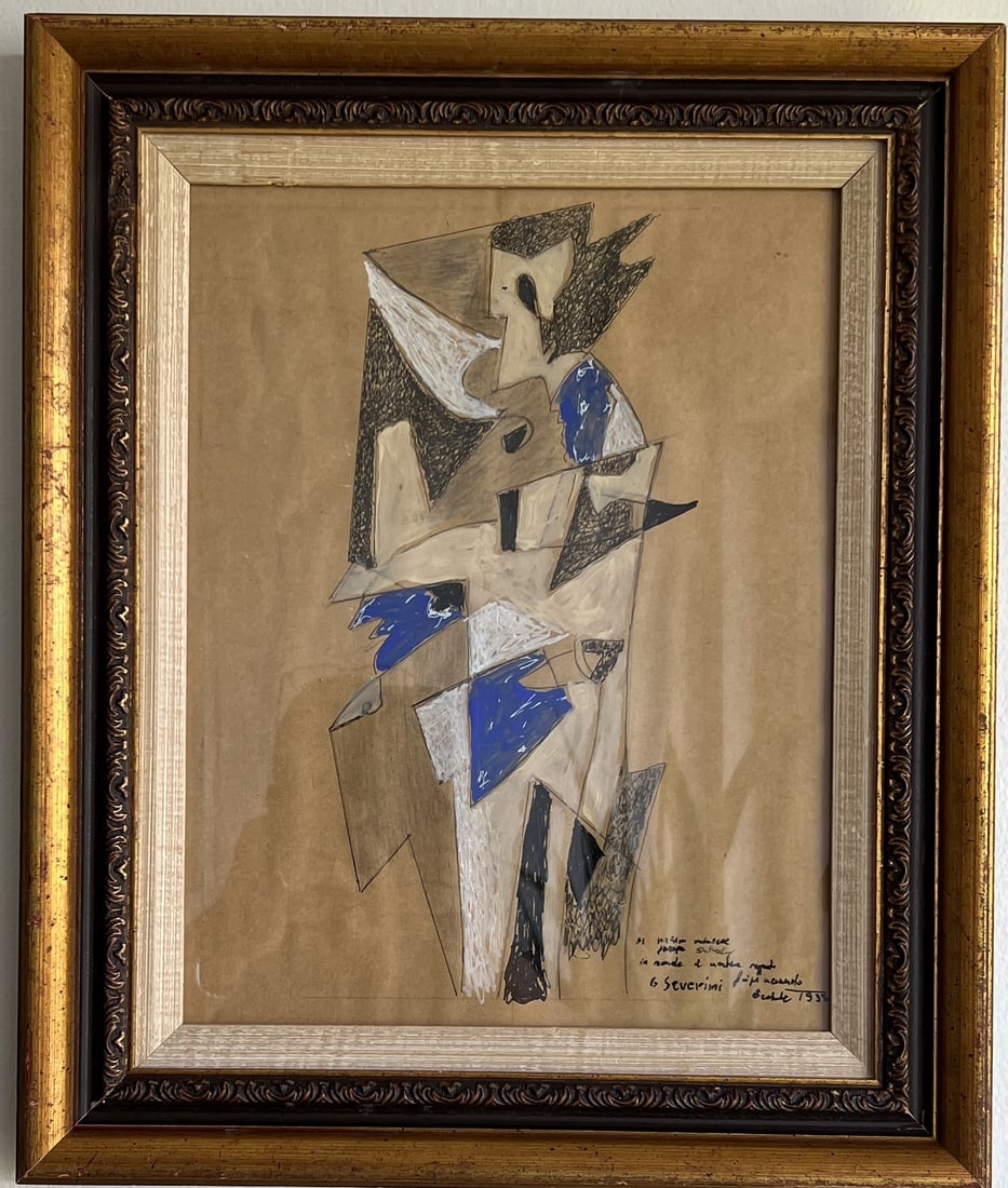 Vintage Cubist/Futurist Style Abstract Figure - In Manner of Gino Severini - Framed 14x17: A Cubist/Futurist mixed media composition on paper depicting a stylized, geometric abstract figure with sharp angles, charcoal linework, and blue/white highlights. Executed in the style/manner of Ital