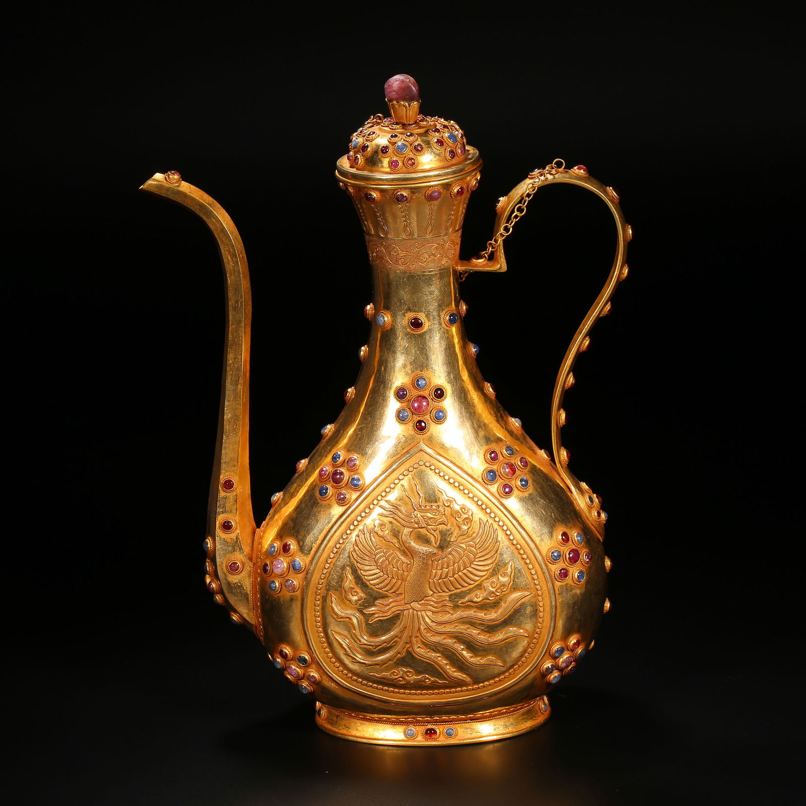 Chinese Ming Dynasty, Pure Gold Inlaid Gemstone Ewer (1 of 12)