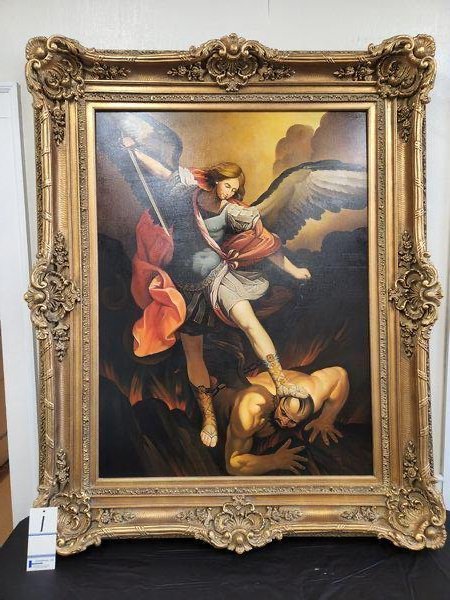 Monumental Oil Painting of St. Michael and the Devil: Late 20th century, after the antique, oil on canvas, 48" x 36" (canvas). 61" x 50" x 5" (framed). Condition: Good, no damage or repair.