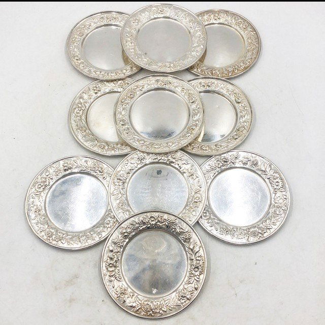 Sterling Silver Butter Plates - Made by S Kin & Son - Set of 10 (1 of 14)