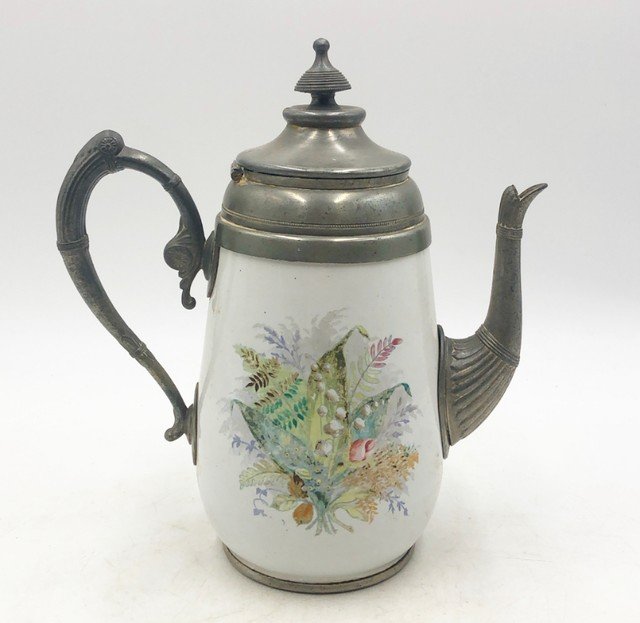 Ironstone and Pewter Coffee Pot w/ Floral Motif: Ironstone and Pewter Coffee Pot w/ Floral Motif 10w x 5.5d x 11h