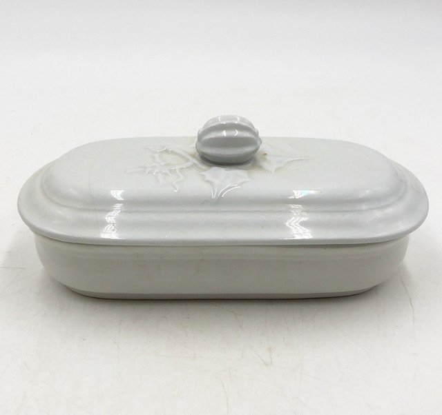 Ironstone Soap Dish w/ Pumpkin Topping.: Ironstone Soap Dish w/ Pumpkin Topping. (Interior hairline and cracking consistent of age).8.5w x 4d x 3.5h