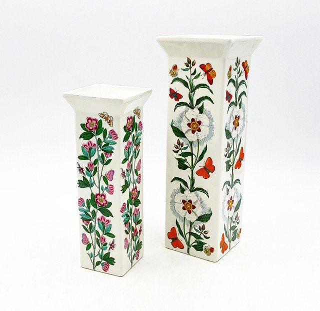 Portmeirion Vases, The Botanic Garden. Square Structure- Pair: Portmeirion Vases, The Botanic Garden. Square Structure- Pair Sm: 3.25w x 3.25d x 9h Lg: 4w x 4w x 11h
